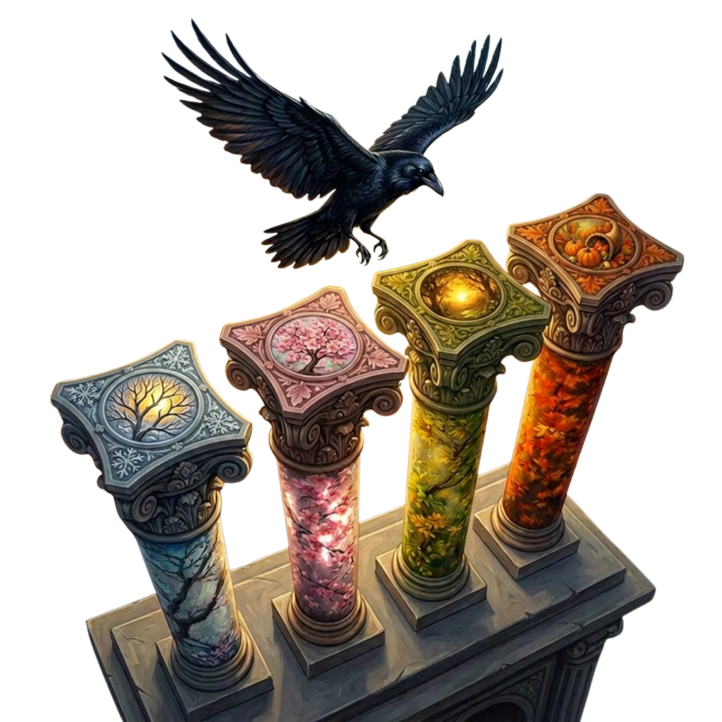 A raven hovering above four ornate seasonal pillars